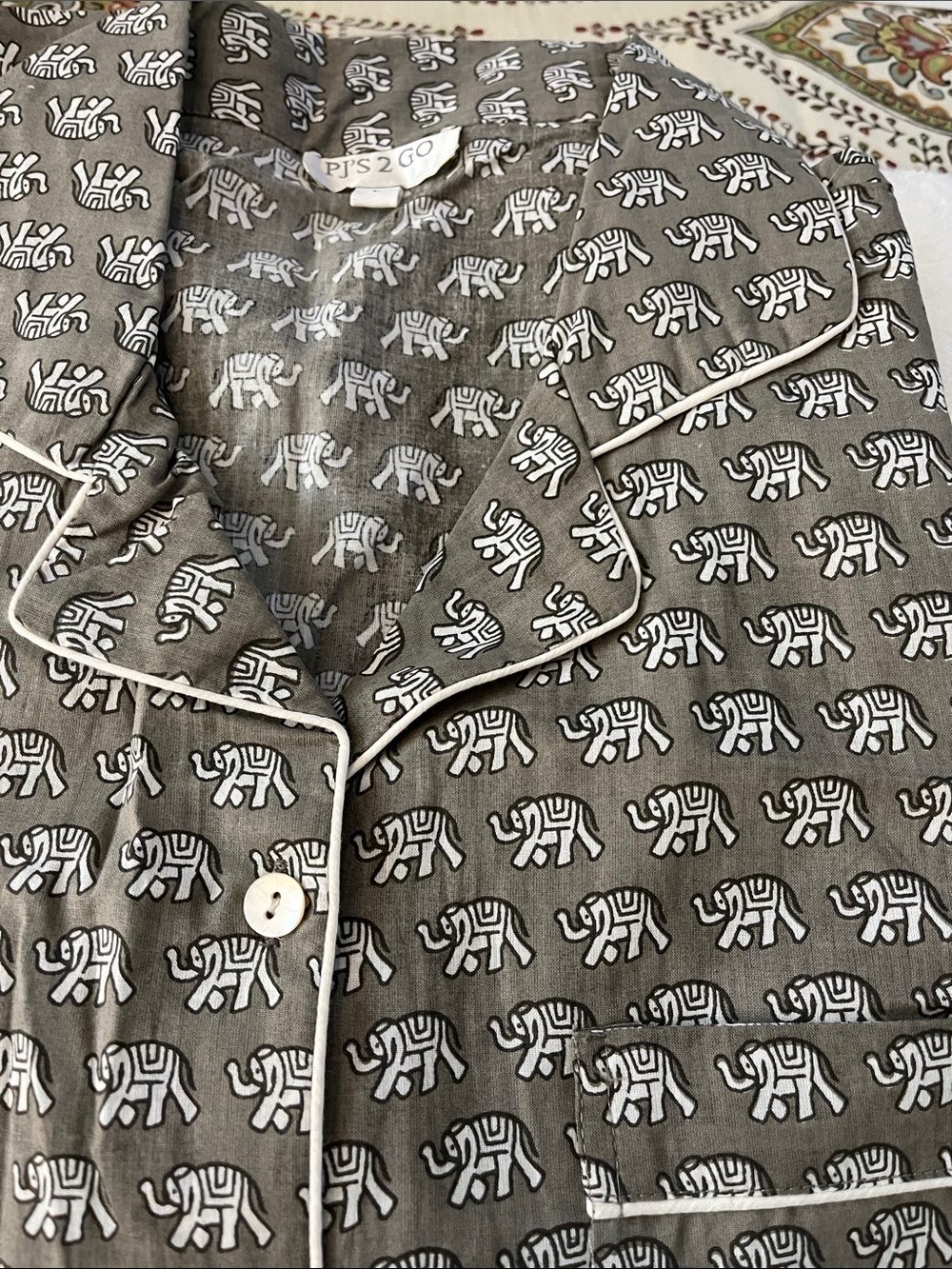 Elephant pajama set with pocket case. 100% cotton, made in India. Never worn.